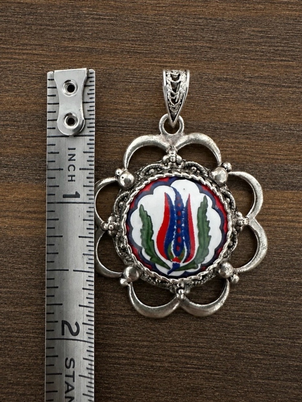 Vintage Sterling Silver 925 Turkish Tulip Hand Painted Ornate Pendant - Picture 5 of 6
